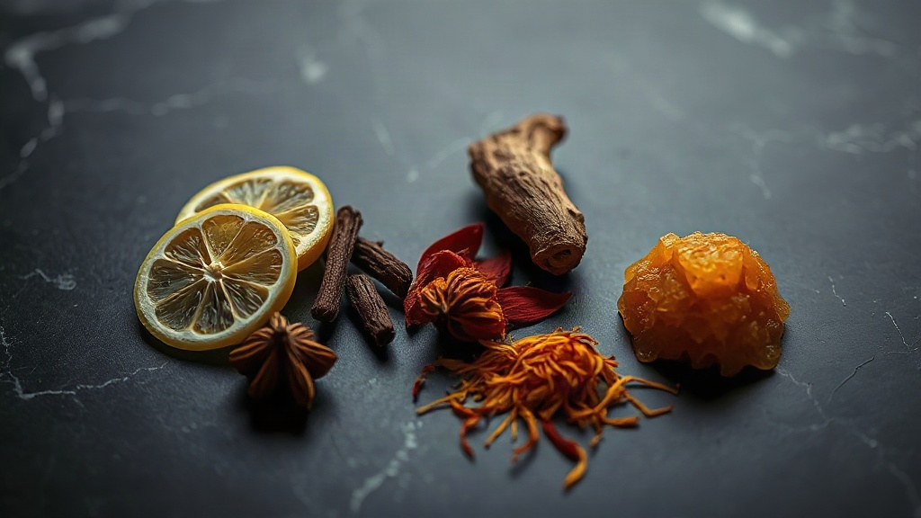 raw perfumery ingredients arranged on a dark marble surface — bergamot slices, dried spices, a piece of oud wood, saffro