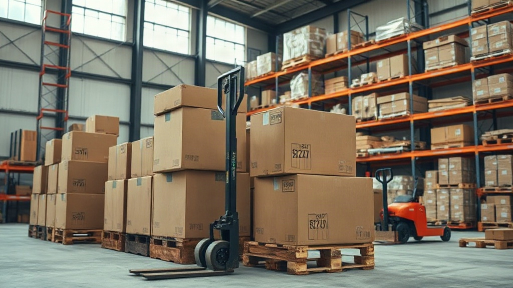 warehouse interior with stacked cardboard shipping boxes on wooden pallets, a pallet jack in the frame, industrial shelv