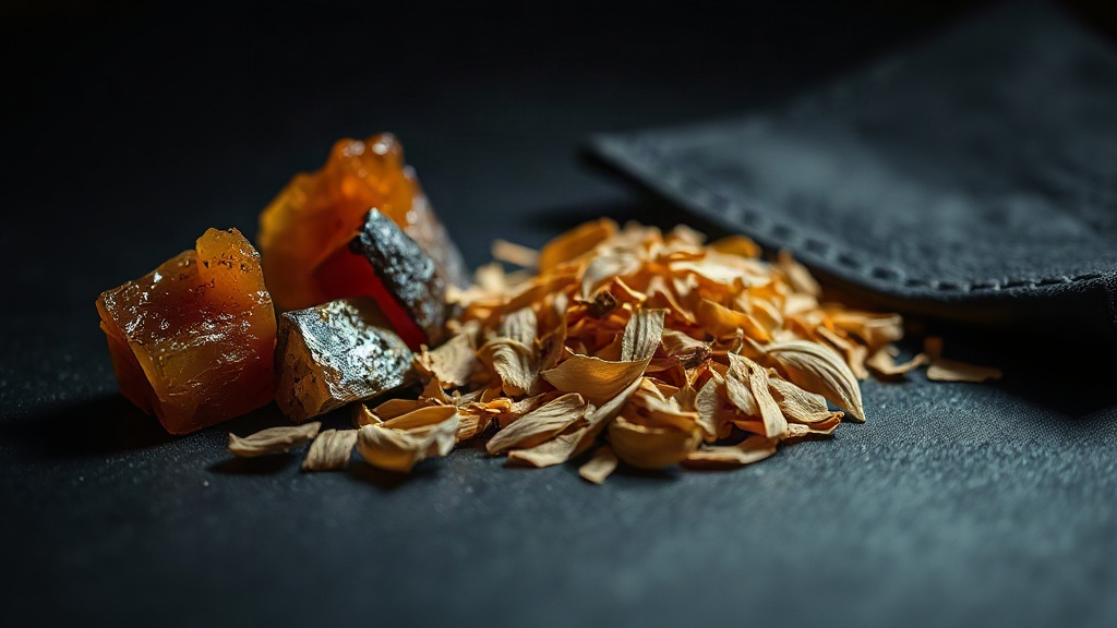 close-up studio photo of raw perfumery materials arranged on a dark surface - amber resin chunks, sandalwood shavings, a
