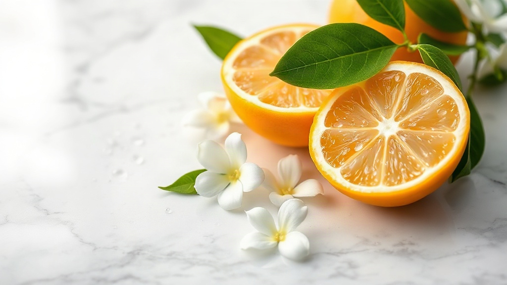 close-up macro shot of fresh bergamot citrus fruit halves, white jasmine flowers, water droplets and a sprig of green le