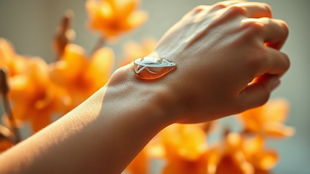 close-up of a hand gently dabbing perfume on the inside of a wrist, soft golden light, delicate skin texture, blurred or