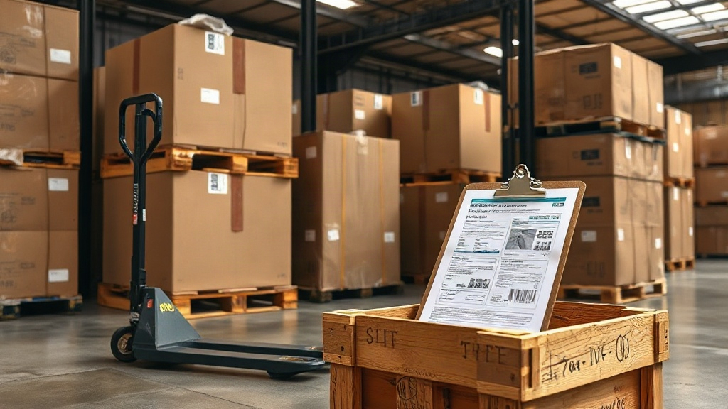warehouse logistics scene with stacked cardboard shipping boxes on wooden pallets, a pallet jack, customs shipping docum