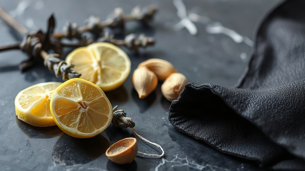 close-up of raw perfumery ingredients arranged on a dark marble surface - fresh bergamot halves, lavender sprigs, vanill