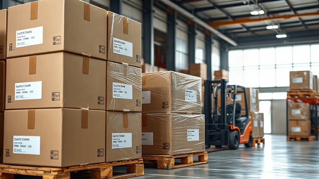 warehouse interior with stacked sealed cardboard shipping cartons on wooden pallets, shrink-wrapped boxes labeled for ex
