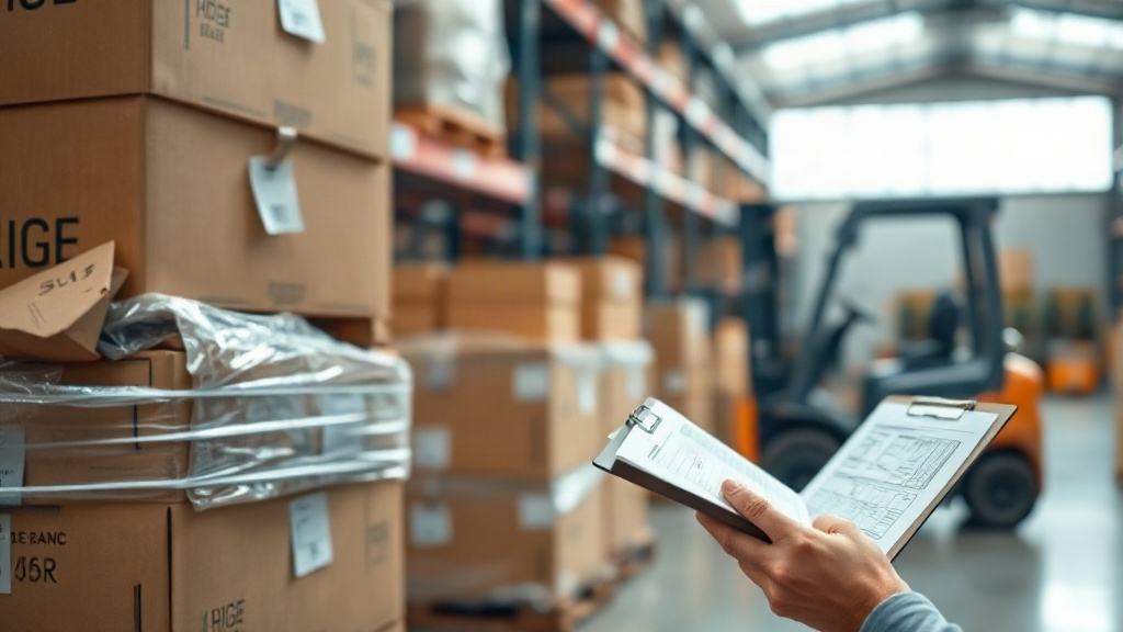 warehouse logistics scene with stacked cardboard shipping cartons and wrapped pallets, a hand holding a clipboard and ch