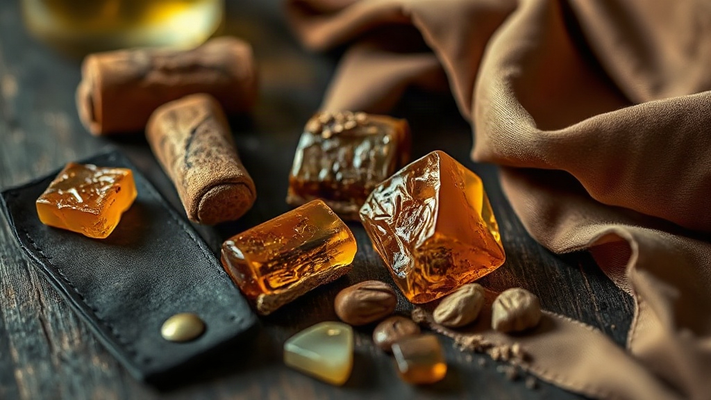 Close-up still life of raw perfumery materials for a leather-amber fragrance: pieces of dark suede leather, chunks of am