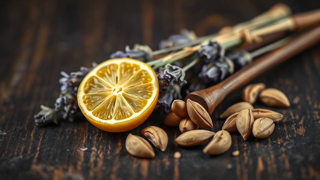 close-up of raw perfumery ingredients arranged on a dark wooden table - bergamot slices, lavender sprigs, vanilla pods a