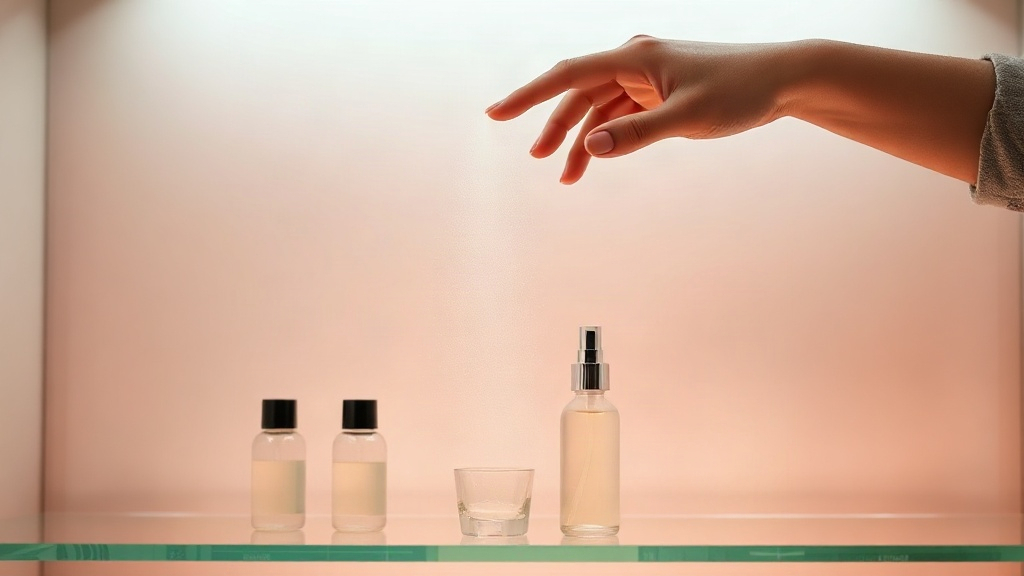 elegant retail display shelf with a hand delicately spraying a fine mist into the air above a cluster of small glass bot