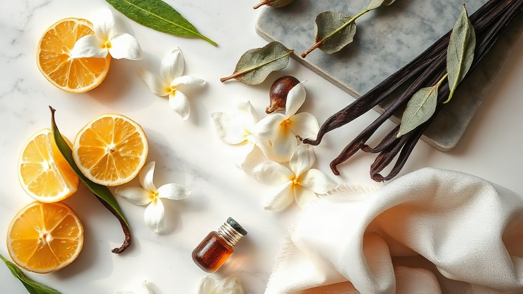 flat lay of fragrance raw materials on a white marble surface — fresh bergamot halves, jasmine blossoms, vanilla pods, s