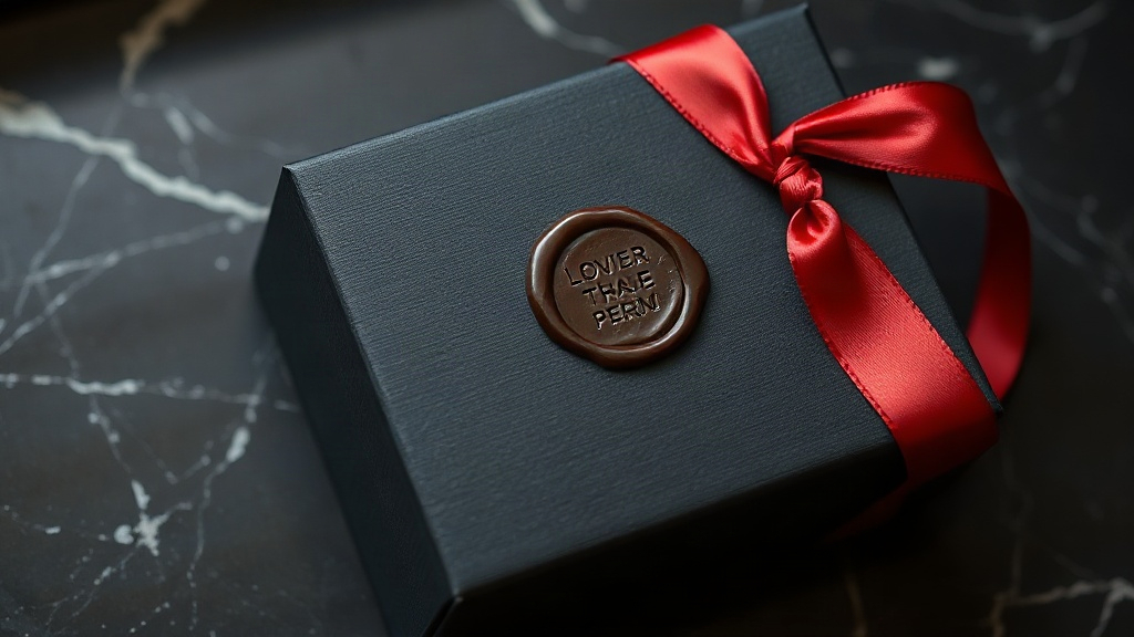 elegant black perfume gift box with red silk ribbon and a wax seal, placed on a dark marble surface, soft studio lightin