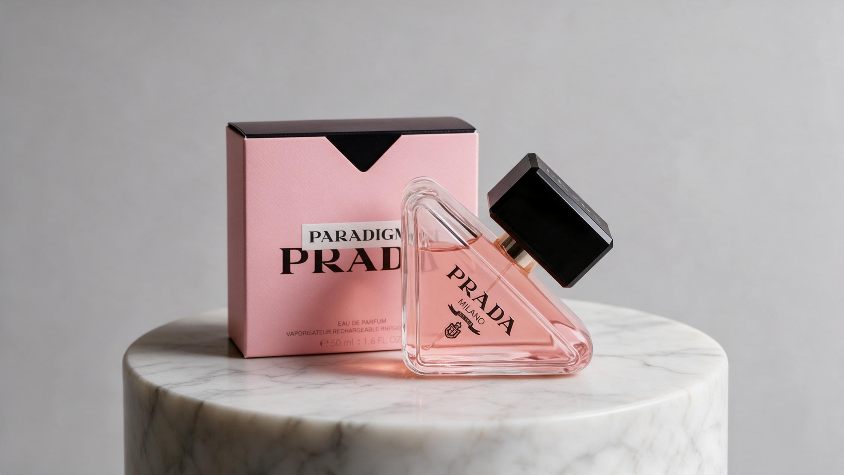 elegant studio product photo of a luxury pink-amber perfume bottle, minimalist marble pedestal, soft diffused studio lig
