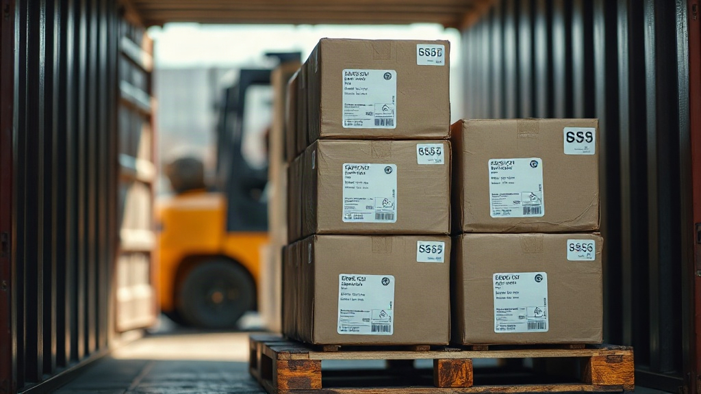cargo boxes stacked on a pallet inside a shipping container, shipping labels and customs documents attached, forklift bl