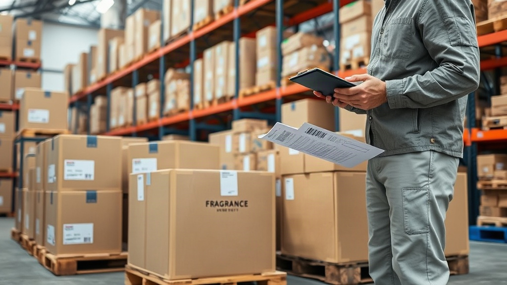Photograph of sealed cardboard shipping boxes and export cartons stacked on wooden pallets in an organized fragrance war