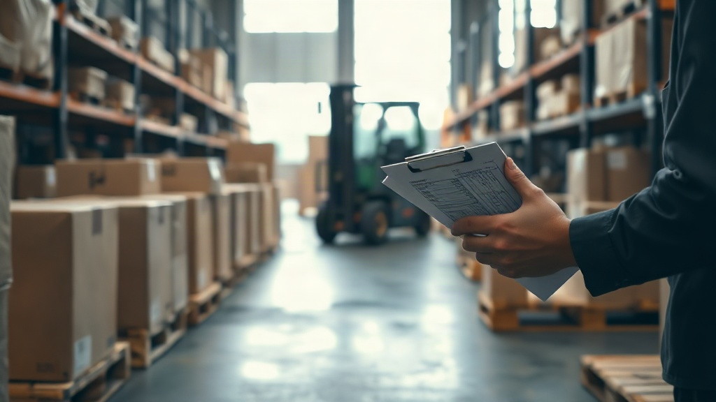 warehouse interior with rows of shipping cardboard boxes on wooden pallets, a forklift in soft motion blur in the backgr