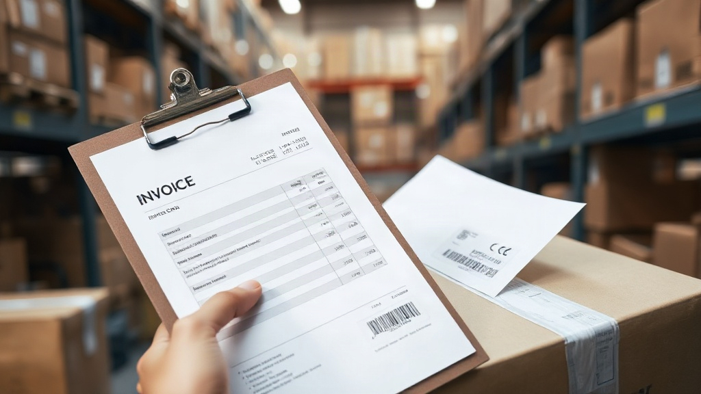 Close-up of a hand holding a clipboard with an invoice, inspecting a sealed cardboard box with a shipping label and barc