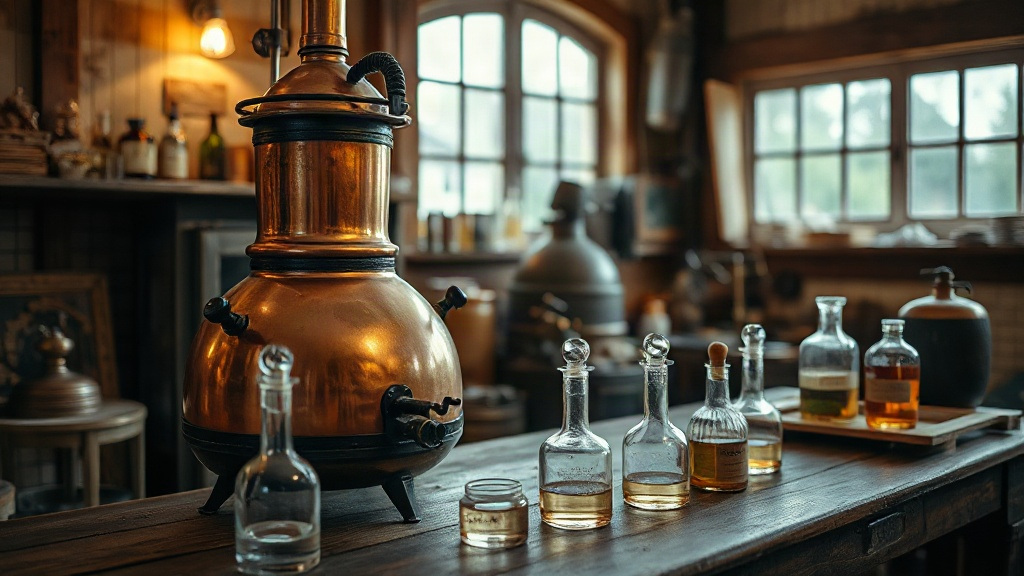 wide shot of a traditional copper alembic still inside a perfume production workshop, glass bottles and measuring vessel