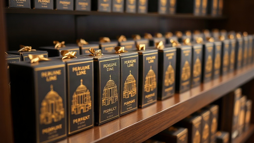 Neatly arranged rows of elegant perfume gift boxes with gold Roman architectural embossing displayed on a dark wood bout