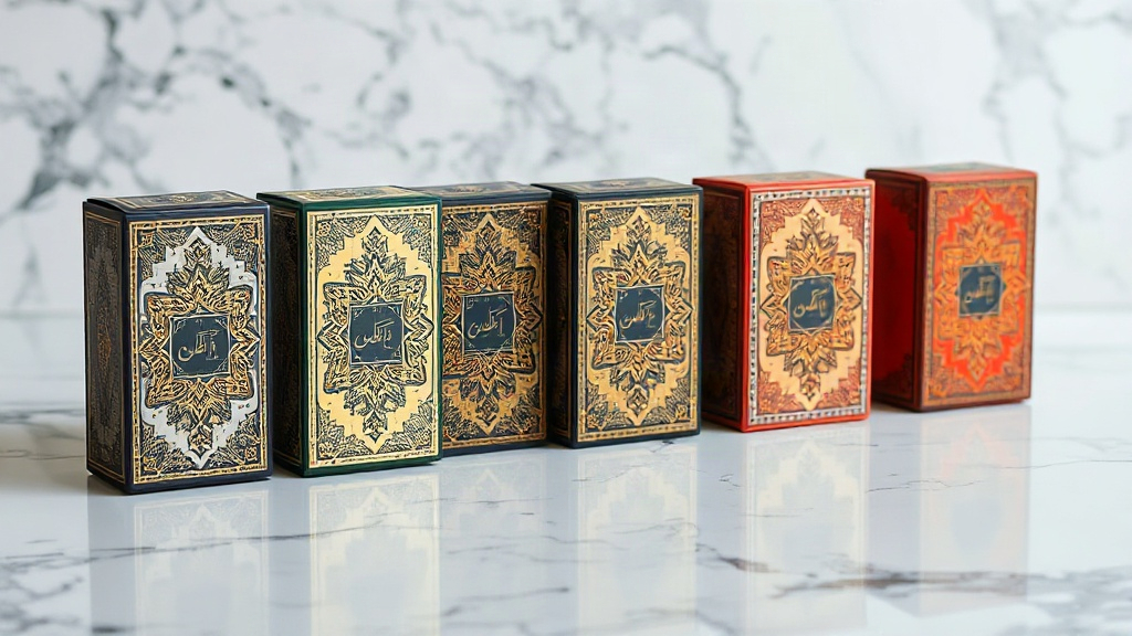 elegant closed perfume gift boxes with ornate Arabic-inspired patterns arranged in a neat row on a polished marble surfa