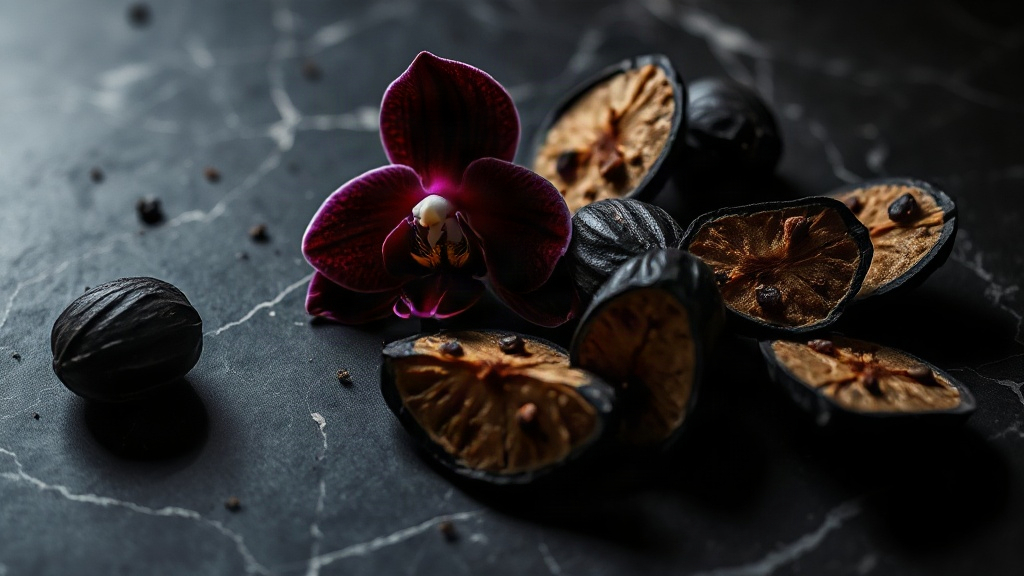 black orchid flower and dark truffle slices arranged on a black marble surface, moody dramatic lighting, luxury perfumer