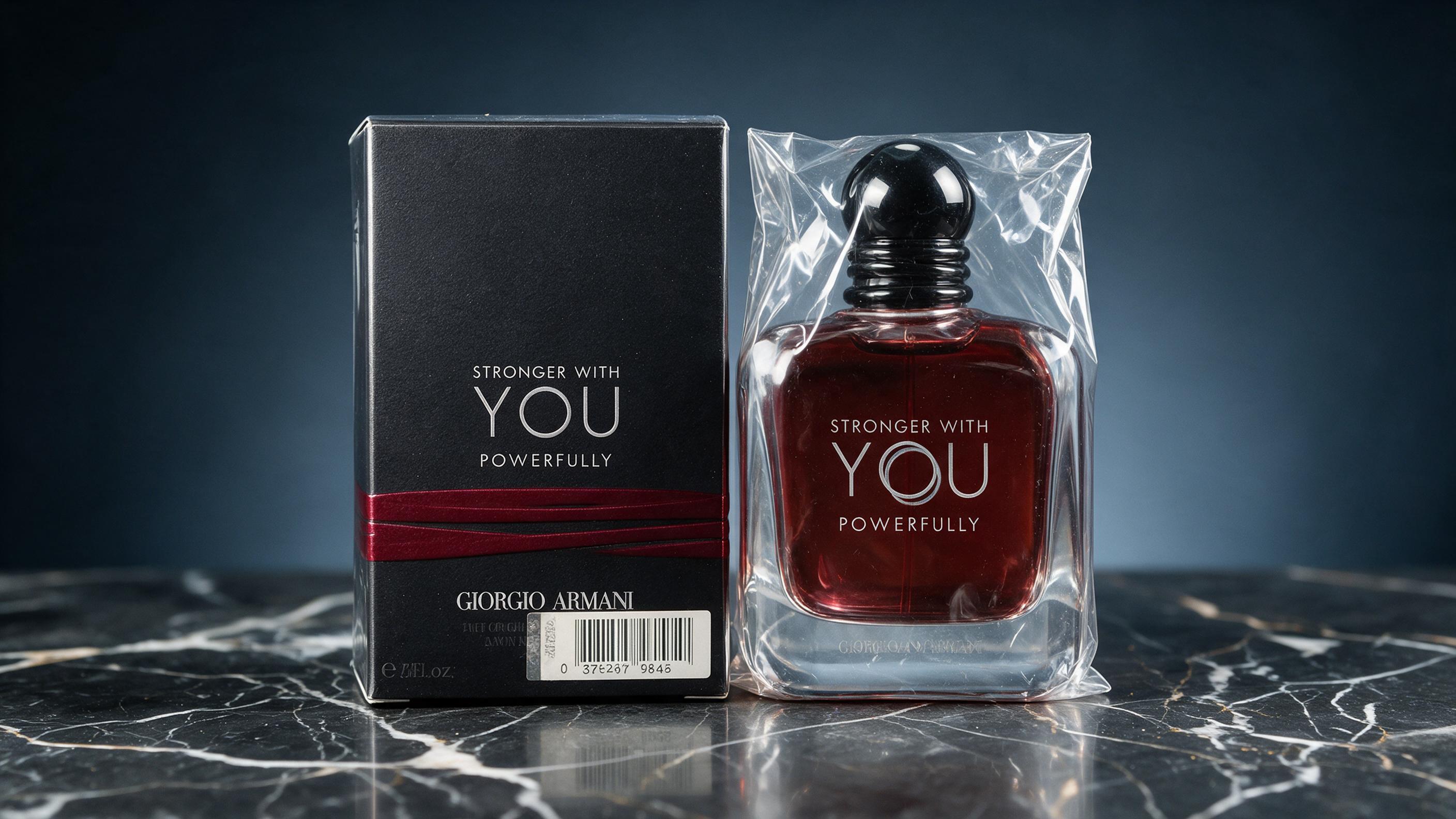 professional product photography of a dark navy blue perfume bottle with silver cap wrapped in clear cellophane, placed 