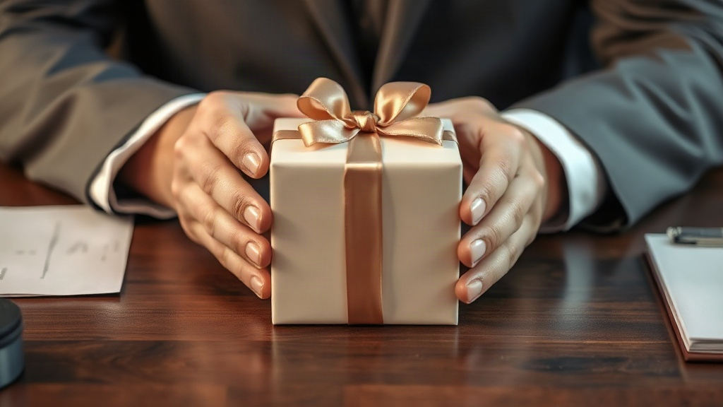 Close-up of hands in business attire presenting an elegant closed perfume gift box wrapped with a satin ribbon on a dark