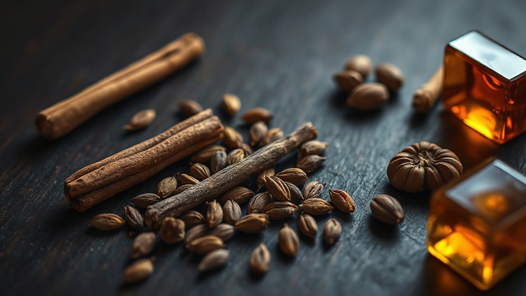 cinnamon sticks, cardamom pods and tonka beans scattered on a dark wooden table, warm amber resin pieces nearby, dramati