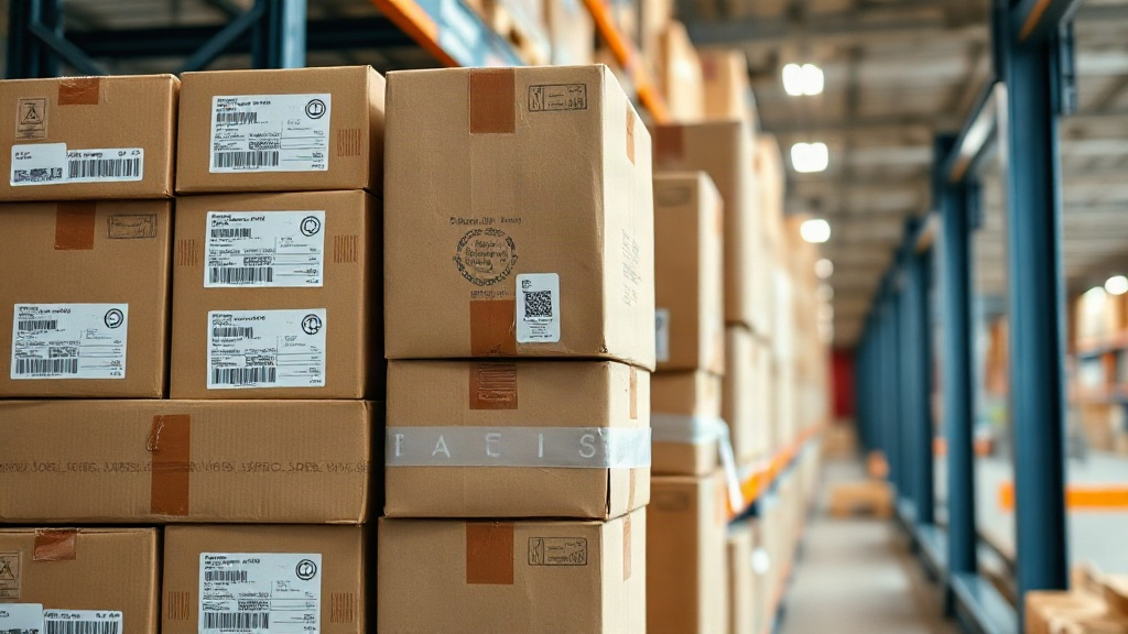 stacked sealed cardboard retail packaging boxes with barcode labels on a warehouse shelf, ready for wholesale shipment, 