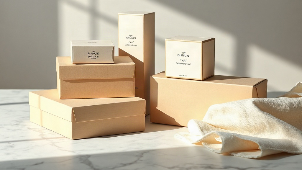 neatly arranged perfume packaging boxes and cardboard cartons stacked on a marble surface, with folded fabric swatches a