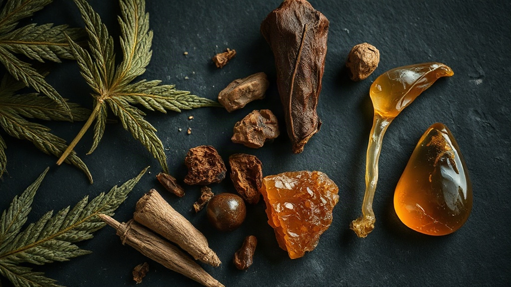 Close-up overhead shot of raw perfumery ingredients arranged on a dark slate surface: dried hemp leaves, patchouli leave