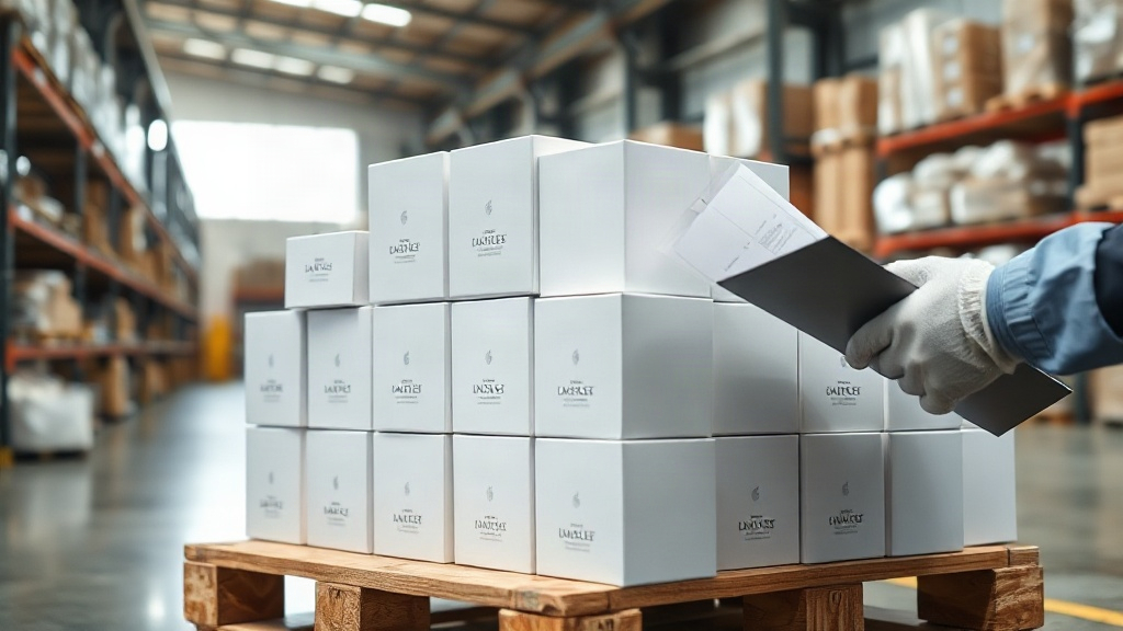 elegant sealed white cardboard perfume boxes stacked neatly on a wooden pallet in a bright warehouse, worker hands in co