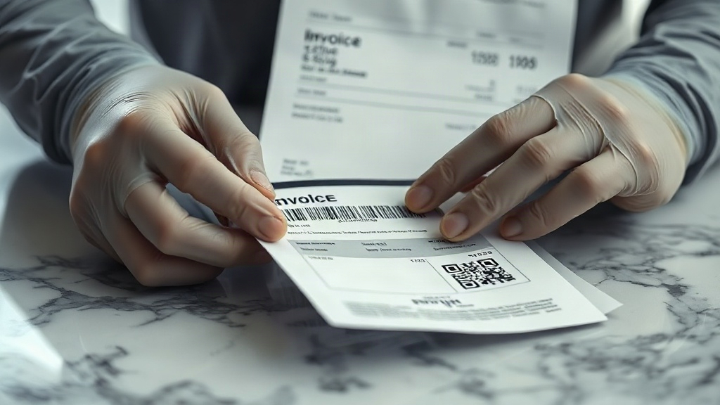 close-up of hands in nitrile gloves inspecting a product batch code label against an invoice document, polished marble c