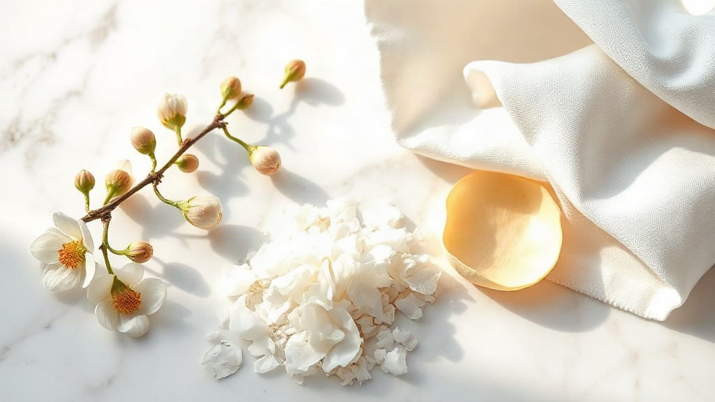 close-up still life of perfume raw materials on a white marble surface, a sprig of jasmine flowers, a small mound of whi