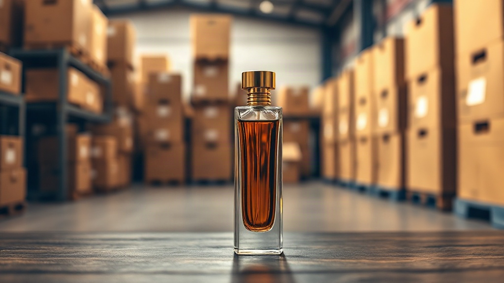 elegant amber perfume bottle standing on a dark wooden display counter inside a wholesale fragrance warehouse, stacked c