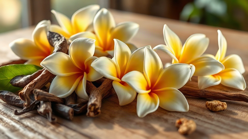 tropical frangipani and jasmine flowers, bergamot peel, vanilla pods and dried amber resin arranged on a rustic wooden t