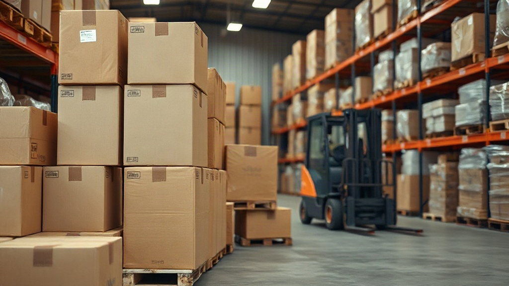 Warehouse interior with stacked cardboard shipping boxes on wooden pallets, a forklift in the background, organized rows