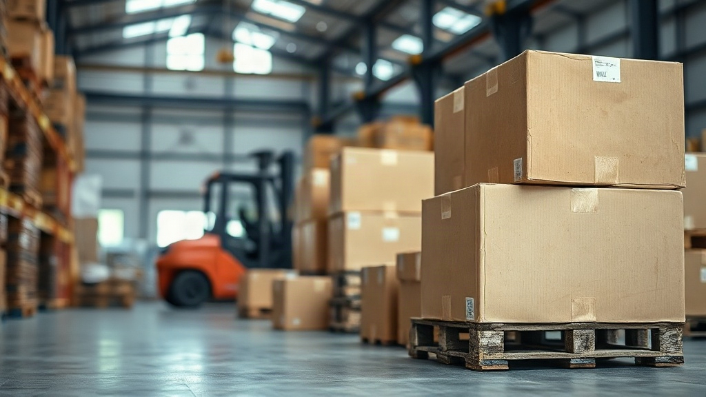 warehouse interior with stacked wooden pallets and sealed cardboard shipping boxes, forklift in soft focus in the backgr