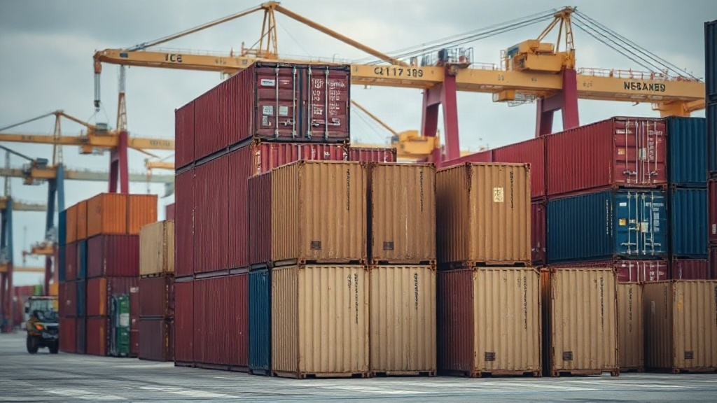 shipping containers and cardboard boxes stacked at a cargo logistics yard, cranes in the background, overcast daylight, 
