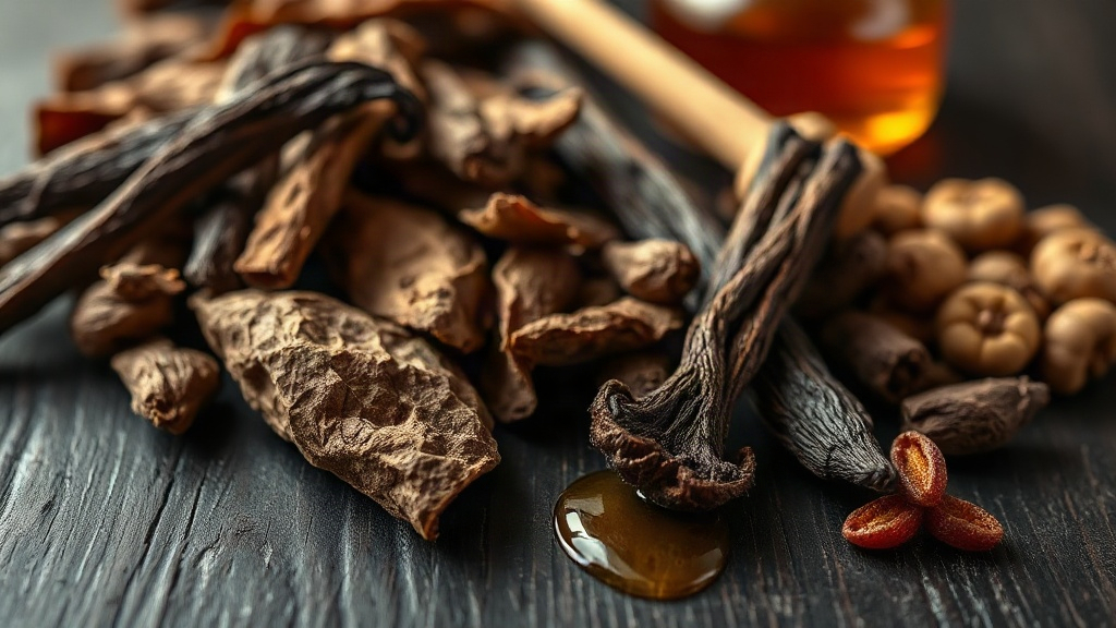 close-up still life of dried tobacco leaves, whole vanilla pods, dark raw honey and dried fruit arranged on a dark woode