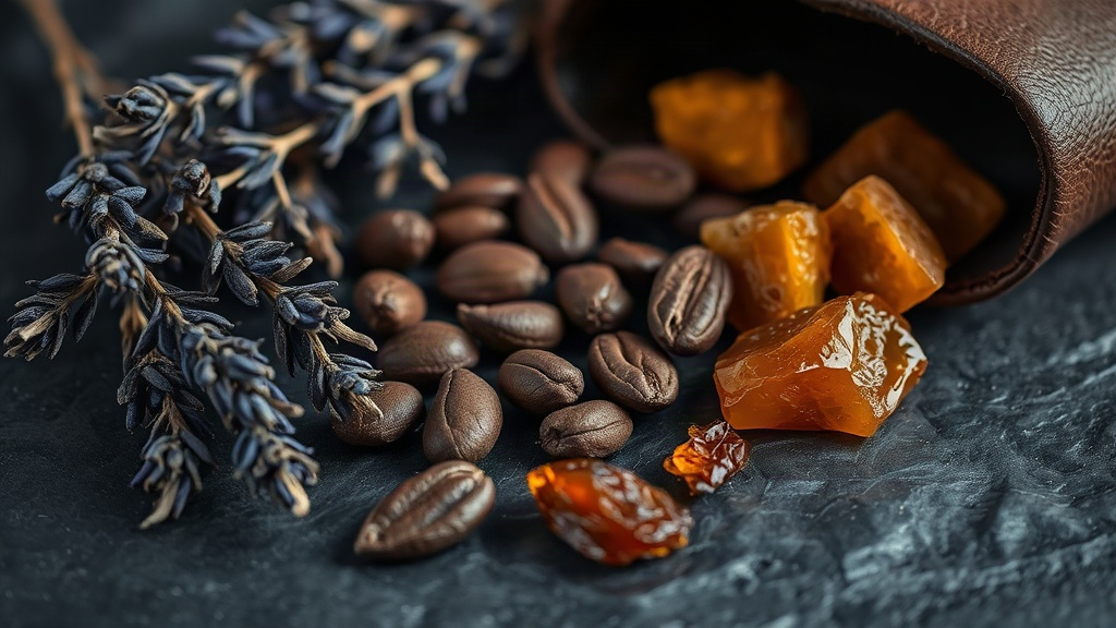 close-up still life of dried lavender sprigs, cracked cacao beans, a curl of dark leather, tonka bean pods and amber res