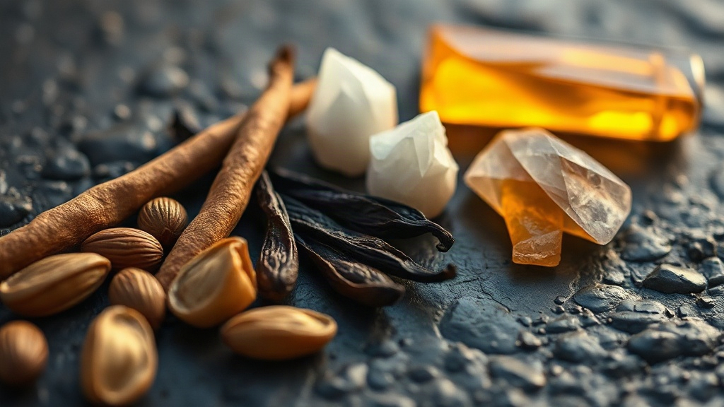 close-up macro photography of perfume raw materials, tonka beans, vanilla pods, white musk crystals and amber resin arra