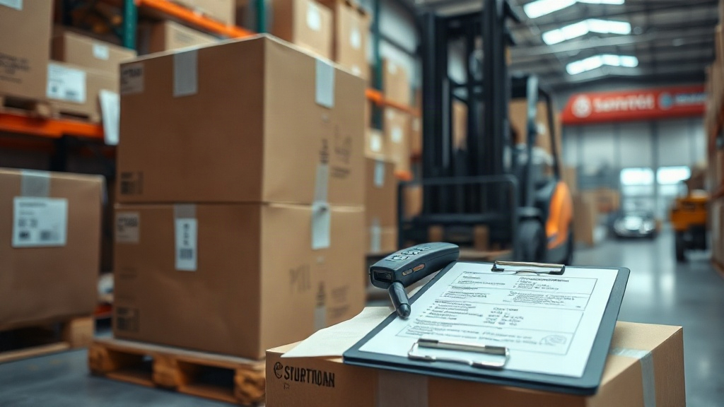 wide shot of a modern logistics warehouse with stacked cardboard shipping boxes on wooden pallets, a clipboard with cust