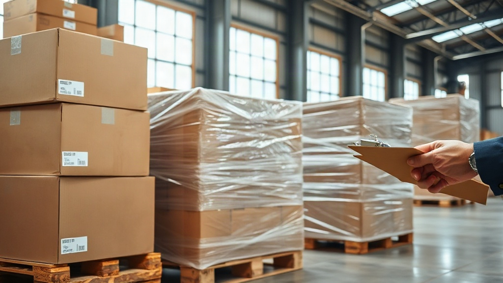 warehouse scene with stacked cardboard shipping boxes on wooden pallets, a shrink-wrapped pallet ready for freight, a ha