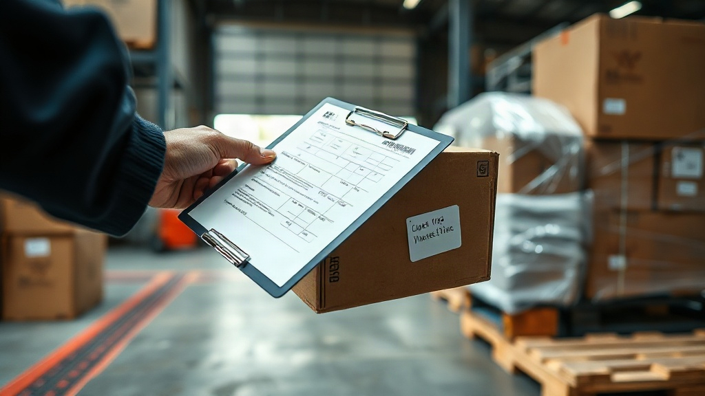 close-up of a professional's hands inspecting a sealed shipping carton with a clipboard and customs documents on a 