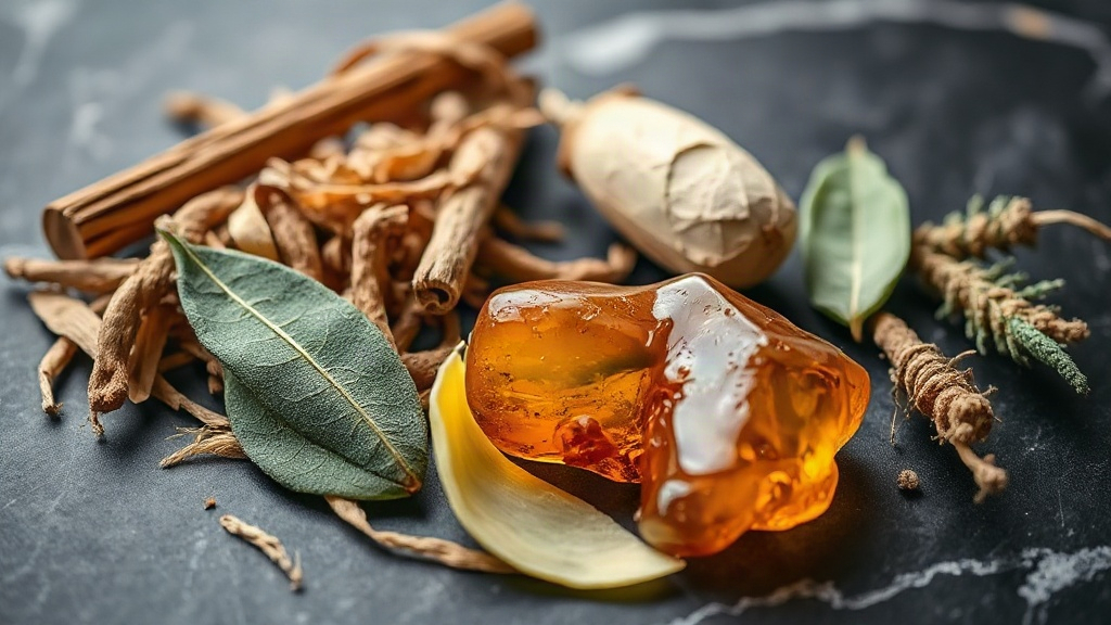 close-up studio photo of raw perfume ingredients - cedar wood shavings, bergamot peel, fresh sage leaves and amber resin