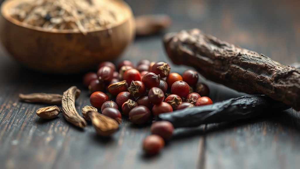 warm still life photography of raw perfumery ingredients, cardamom pods, pink peppercorns, vanilla pods and a piece of d