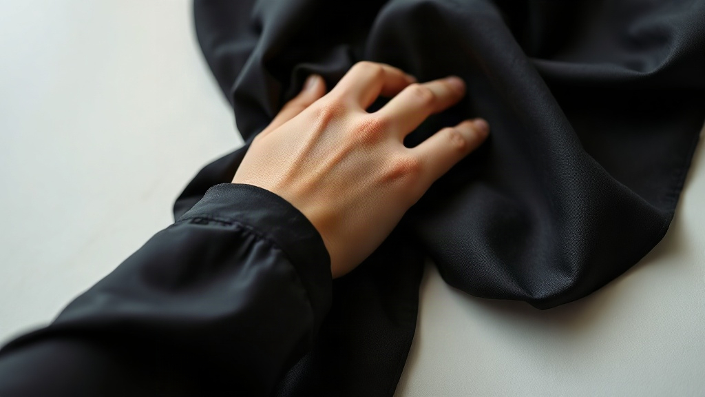 close-up photograph of a person's wrist and hand resting gently on a piece of dark elegant fabric, gesture suggesti