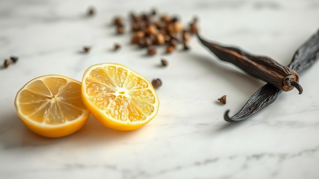 close-up macro photo of bergamot citrus fruit halves, black pepper corns, cedarwood shavings and a vanilla pod arranged 