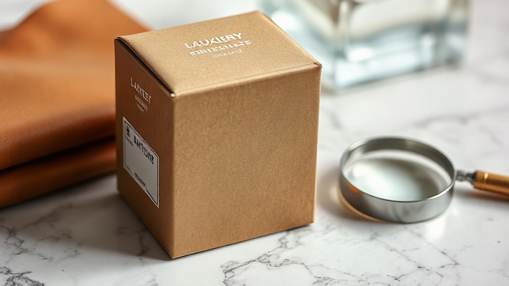 closed luxury perfume shipping carton with a visible batch code label on the side, placed next to a folded leather swatc