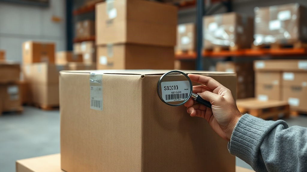 hands inspecting a cardboard shipping box in a warehouse, checking a batch code label with a magnifying glass, wooden pa