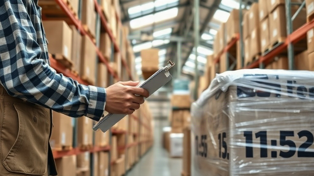 A warehouse worker's hand checking a shipment inventory clipboard beside stacked cardboard shipping boxes and a wra